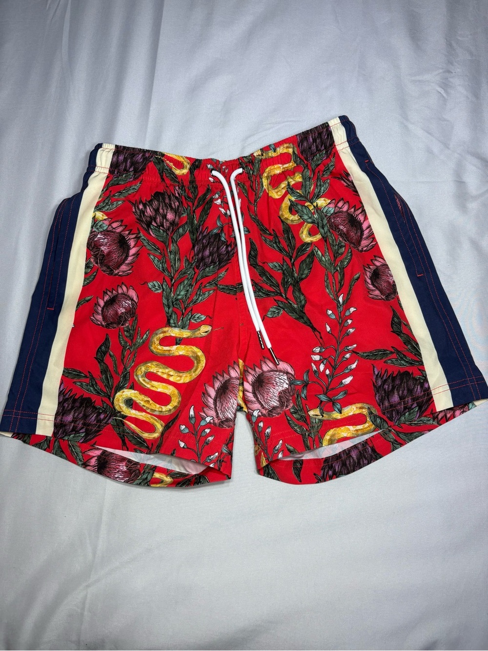Men's Red Floral Swim Trunks with Contrast Side Panels